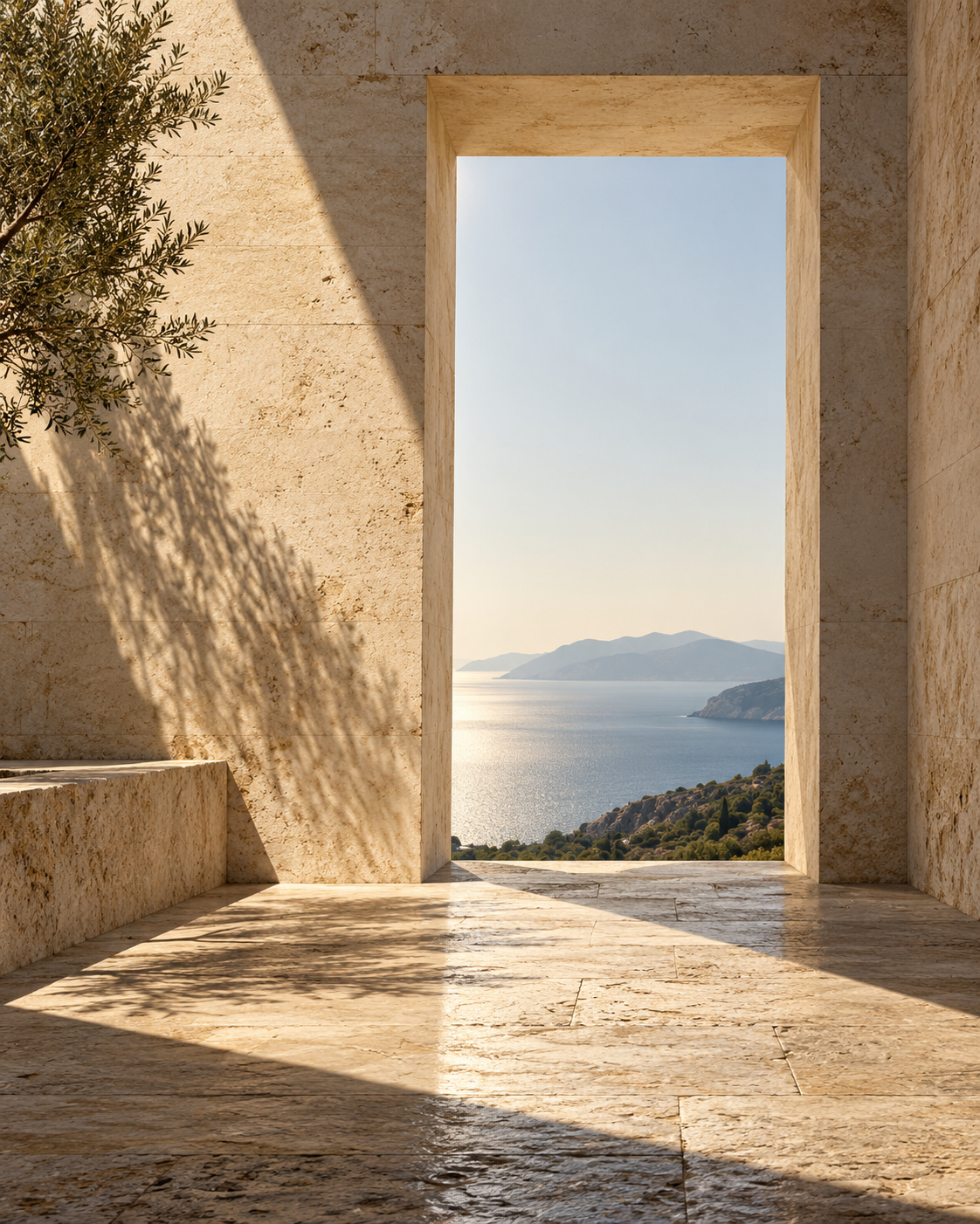 Sunlit limestone doorway framing a calm Mediterranean sea, an architectural illustration.
